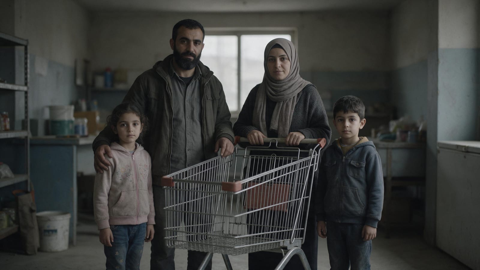 A family standing around an empty grocery cart in Gaza